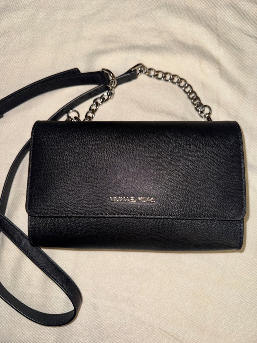 Michael Kors Black Leather Crossbody with Silver tone Chain Strap